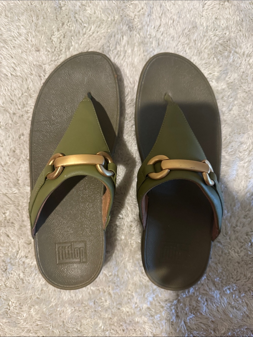 Fitflop Olive Green Leather Toe-Post Sandals with Gold Accent - Picture 3 of 6